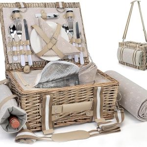 19Pcs Picnic Basket for 2 with Insulated Liner and Waterproof Picnic Blanket