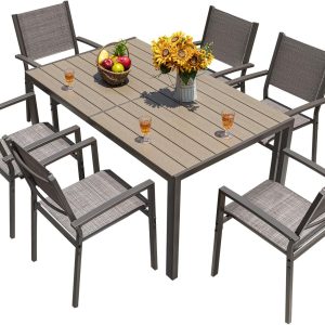 Homall 7 Pieces Patio Dining Set Outdoor Furniture with 6 Stackable Textilene Chairs and Large Table for Yard, Garden, Porch and Poolside, Grey