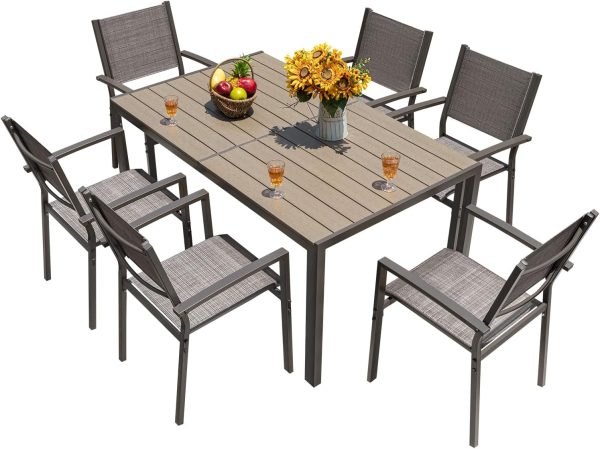 Homall 7 Pieces Patio Dining Set Outdoor Furniture with 6 Stackable Textilene Chairs and Large Table for Yard, Garden, Porch and Poolside, Grey