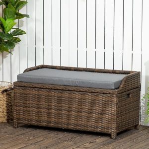 Outsunny Outdoor Wicker Storage Bench Deck Box With Cushion