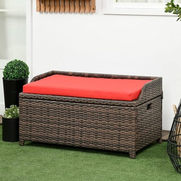 Outsunny Outdoor Wicker Storage Bench Deck Box With Cushion - Image 2