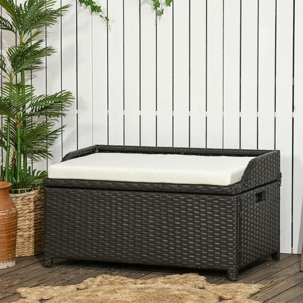 Outsunny Outdoor Wicker Storage Bench Deck Box With Cushion - Image 3