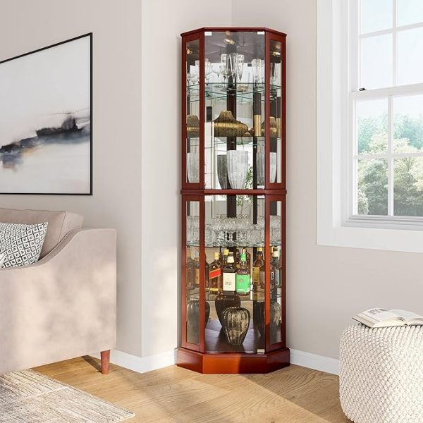 BELLEZE Lighted Corner Display Curio Cabinet Wooden Curved Shelving Unit with Tempered Glass Door, Bar and Liquor Storage Area with 6 Shelves