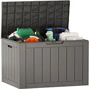 EAST OAK Outdoor Storage Box, 31 Gallon Deck Box Indoor and Outdoor Use, Waterproof Resin Storage Bin for Package Delivery, Patio Cushions, Gardening Tools, Outdoor Toys, Lockable, UV Resistant, Grey