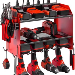 CCCEI Modular Power Tool Organizer Wall Mount with Charging Station. Garage 4 Drill Storage Shelf with Hooks, Screwdriver, Drill Bit Heavy Duty Rack, Tool Battery Holder Built in 8 Outlet Power Strip.