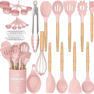 Kitchen Cooking Utensils Set, Umite Chef 33 pcs Non-stick Silicone Cooking Spatula Set with Holder, Wooden Handle Silicone Kitchen Gadgets Utensil Set 8 Colors