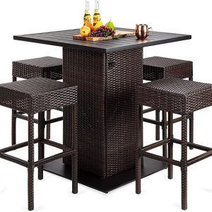 5-Piece Outdoor Wicker Bar Table Set for Patio