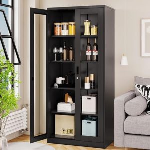 Curio Cabinet Display With Glass Door & 4 Adjustable Shelves