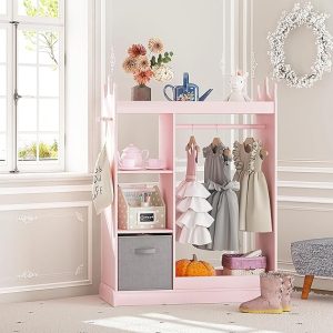 Kids Armoire Wardrobe Closet with Mirror and Storage Bin Pink or White